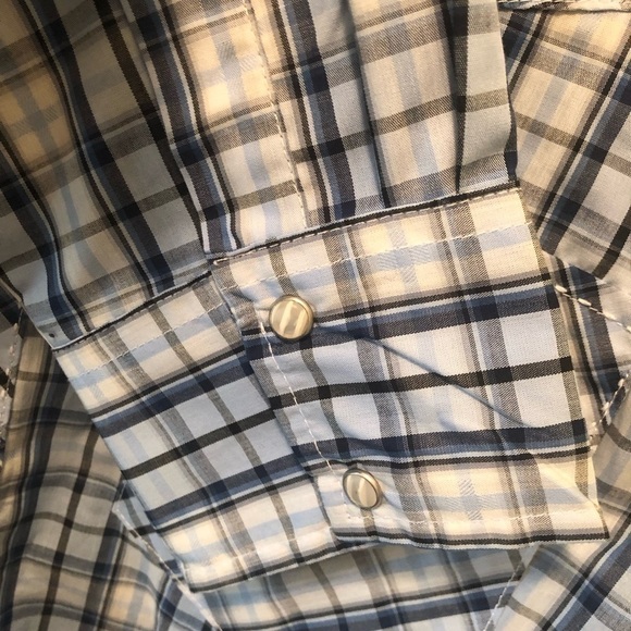 VTG 90’s Wrangler Western Pearl Snap Check Plaid Shirt Sz. L Blue White Rodeo - Picture 5 of 9